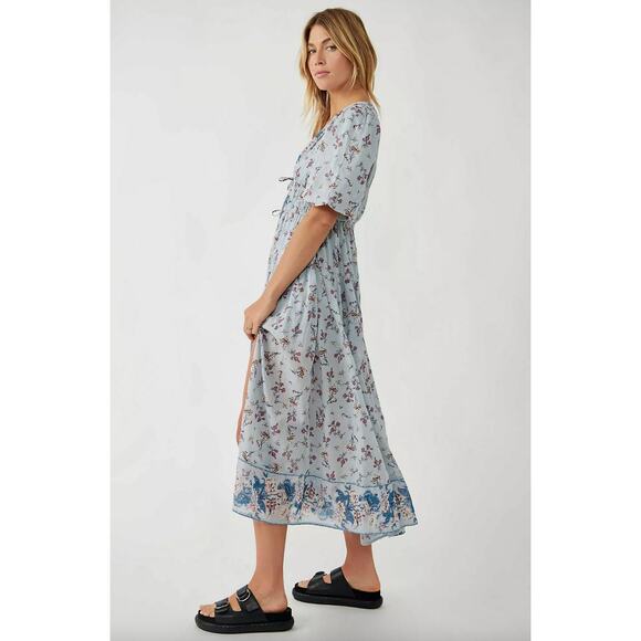 Free People Lysette Maxi Dress Floral Boho Cottage Romantic Fairy Blue Small - Picture 4 of 16